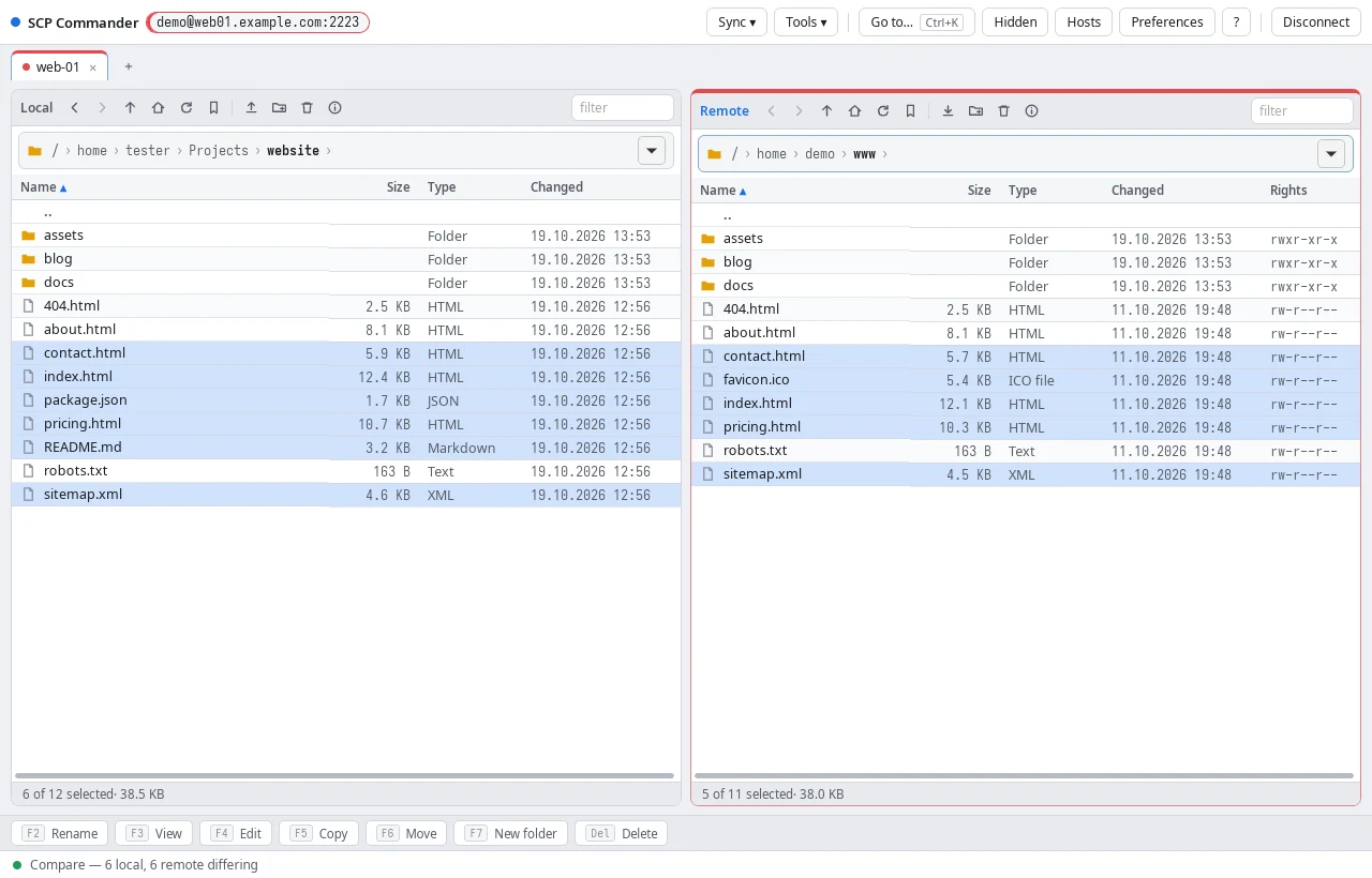 Compare folders highlights the files that differ between the local and remote folder