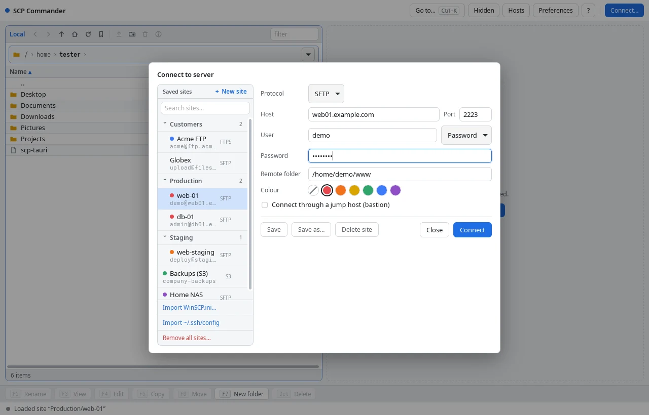 The Connect dialog with saved sites in folders and colours