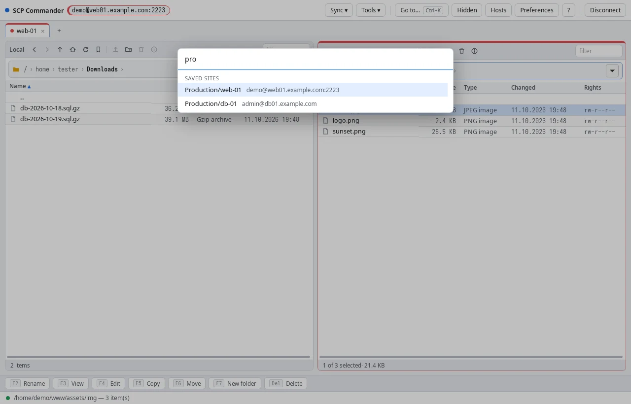 The quick switcher listing matching saved sites