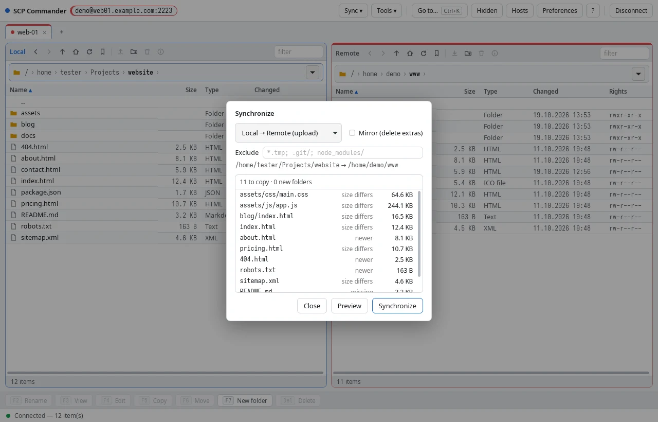 The Synchronize dialog previewing the files it will upload
