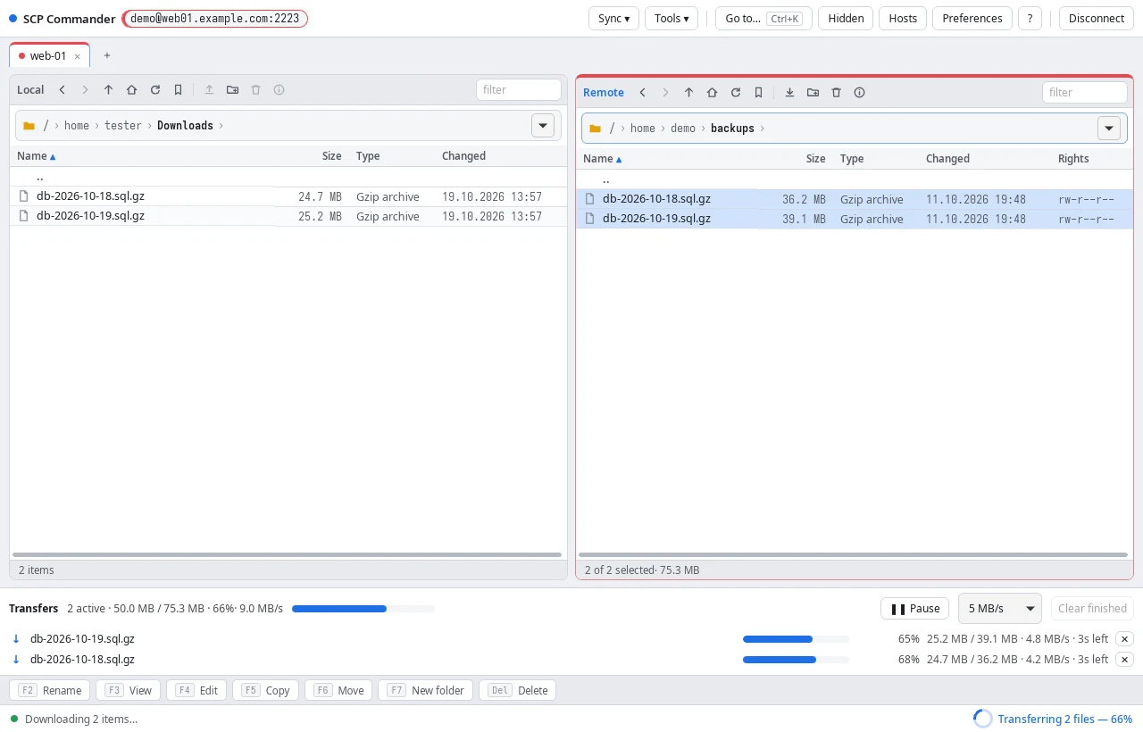 SCP Commander: local folder on the left, a production server on the right, two backups downloading in the transfer queue